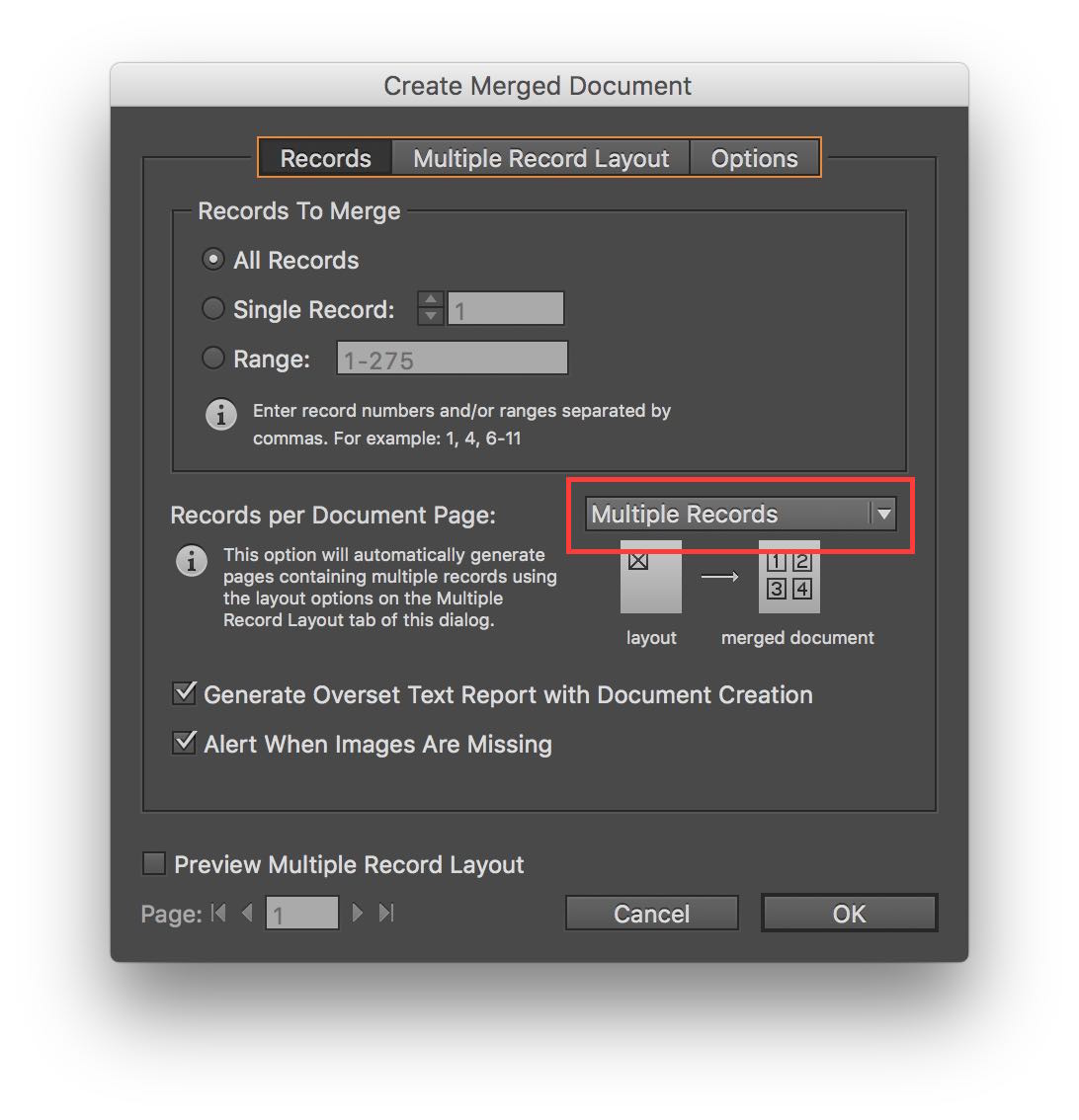 indesign data merge multiple records single page